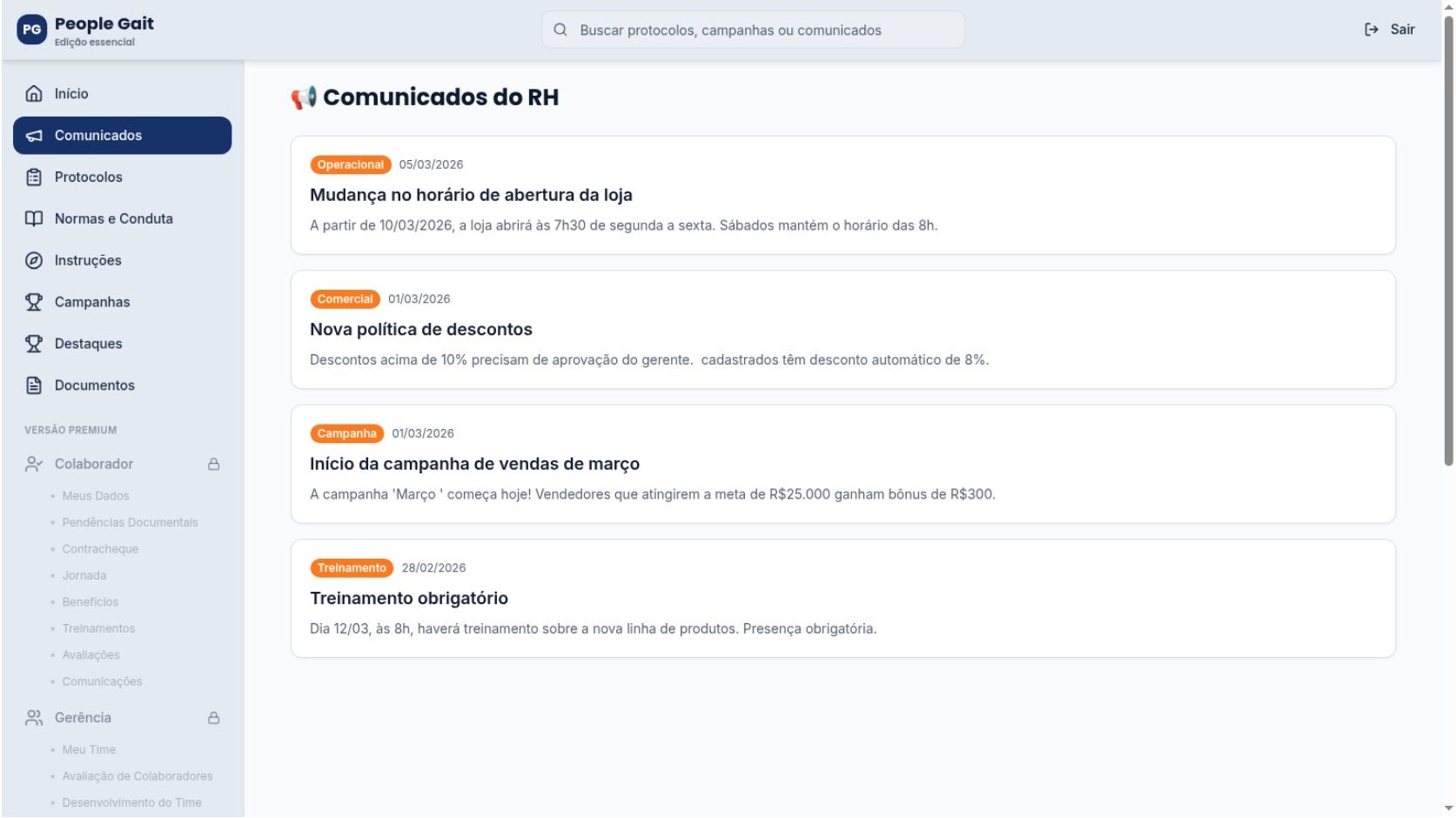 Tela de comunicados