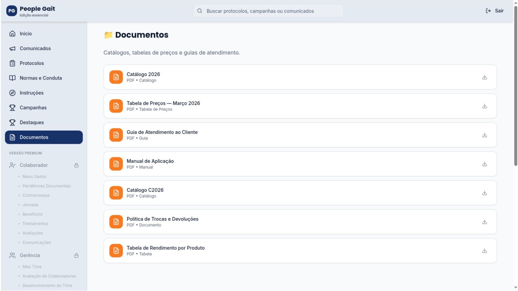 Tela de documentos