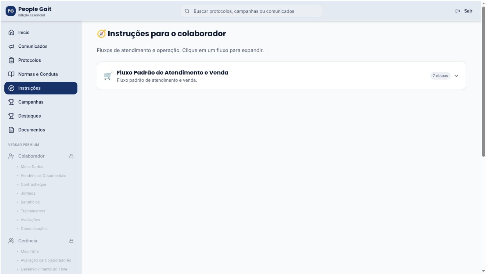 Tela de instruções de trabalho