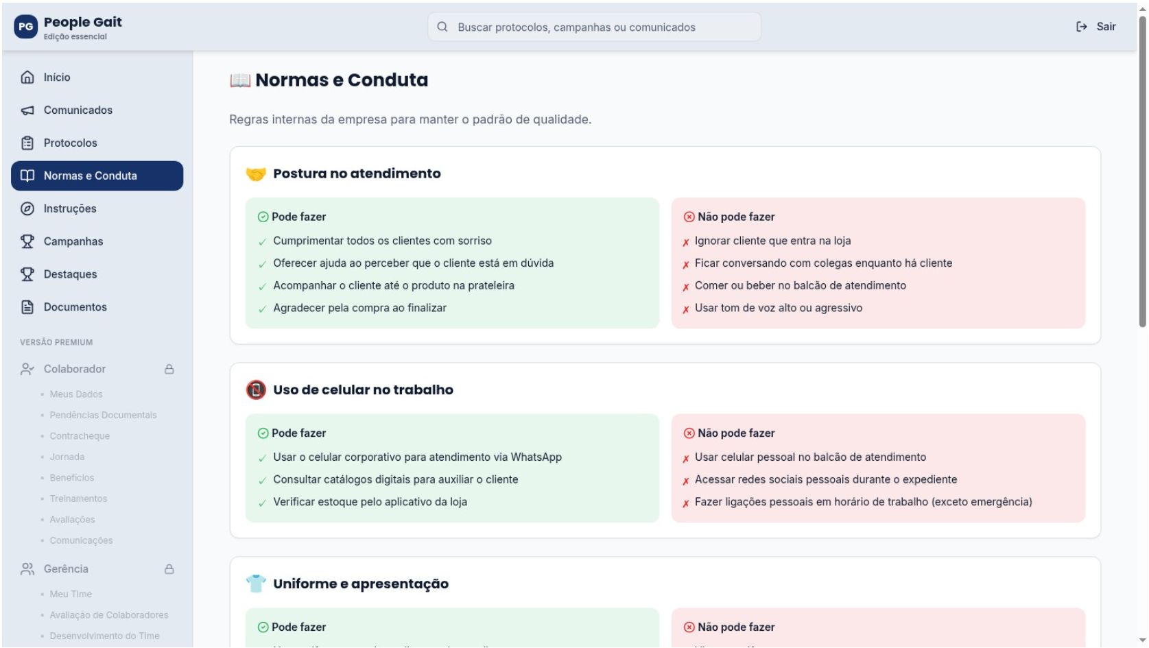 Tela de normas internas